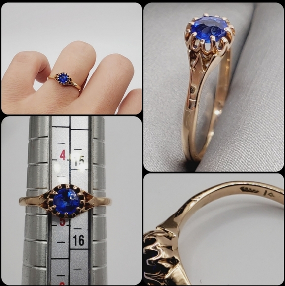 14k Solid Yellow Gold Blue Vintage Ring - Picture 2 of 2